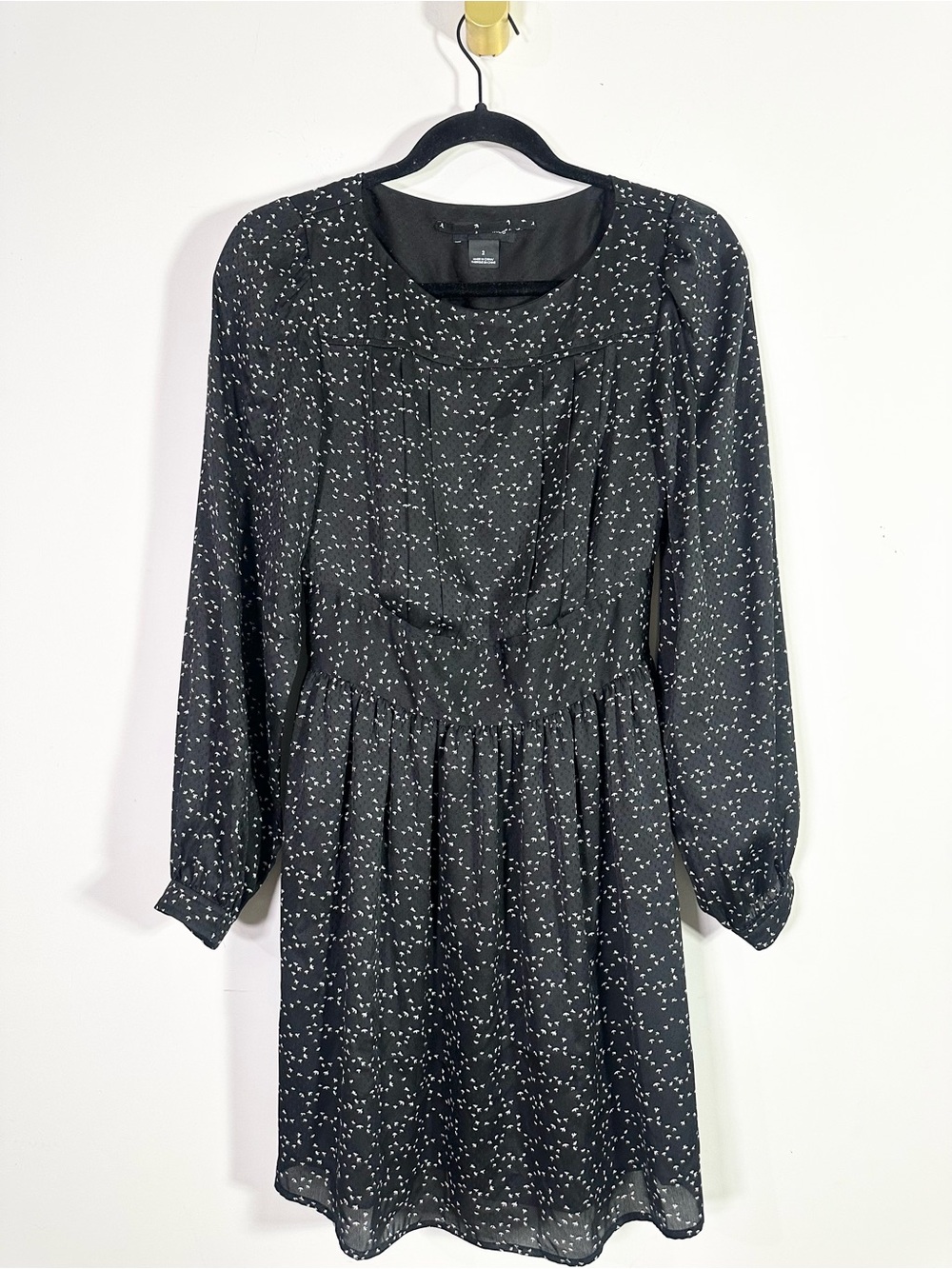 Club Monaco Black White Micro Bird Print Long Sleeve Crewneck Mini Dress